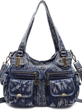 Women's Designer Handbag Large Double Zipper Multi Pocket Washed Leather Purse